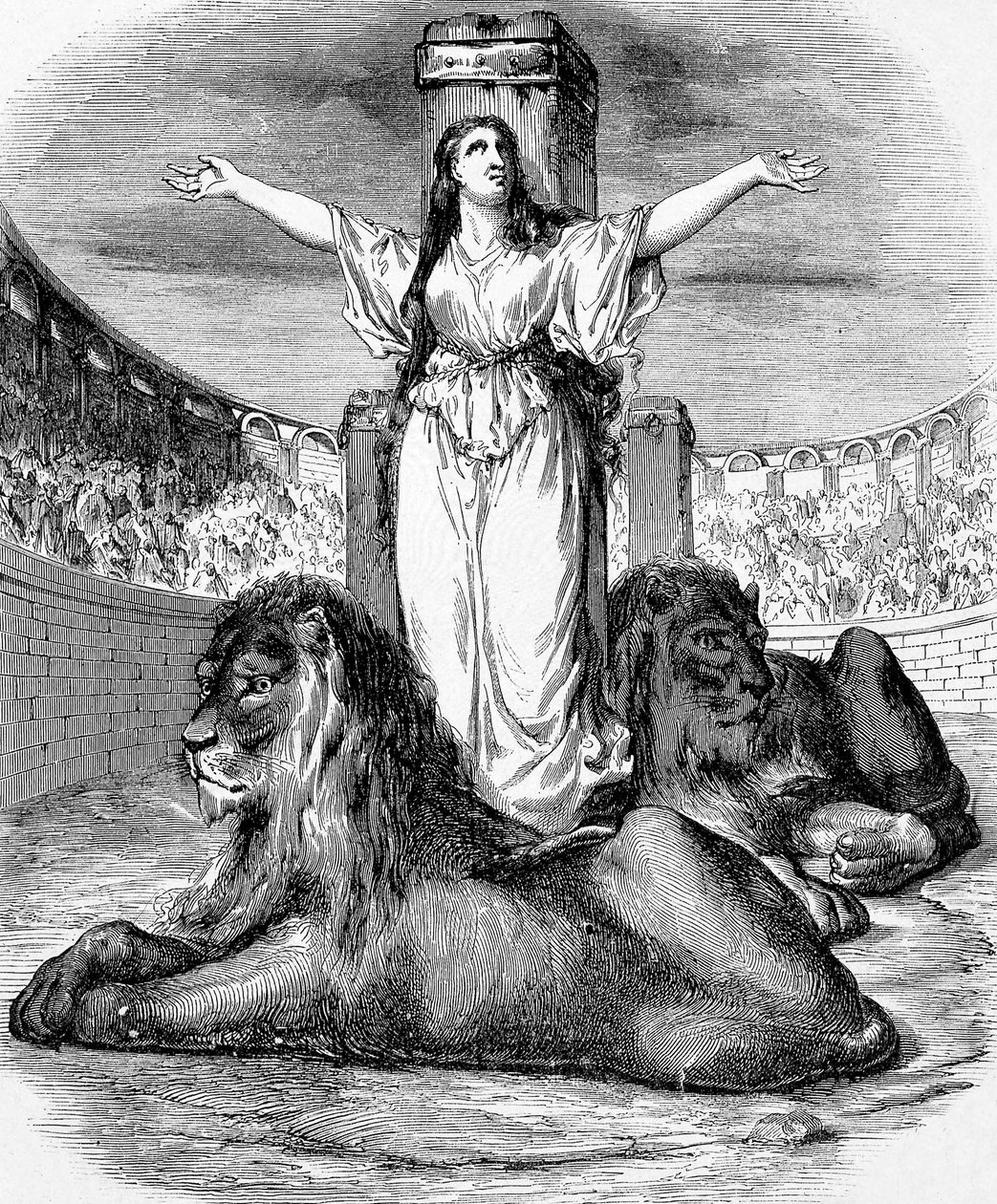 Heilige Blandine, junge christliche Sklavin, gemartert im Löwenring in Lyon im Jahr 177, Gravur von Unknown artist