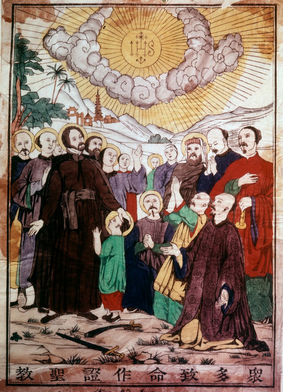 Der heilige Franz Xaver, spanischer Jesuitenmissionar, einer der Gründer des Jesuitenordens, evangelisiert die Chinesen unter dem Schutz Christi in China von Unknown artist