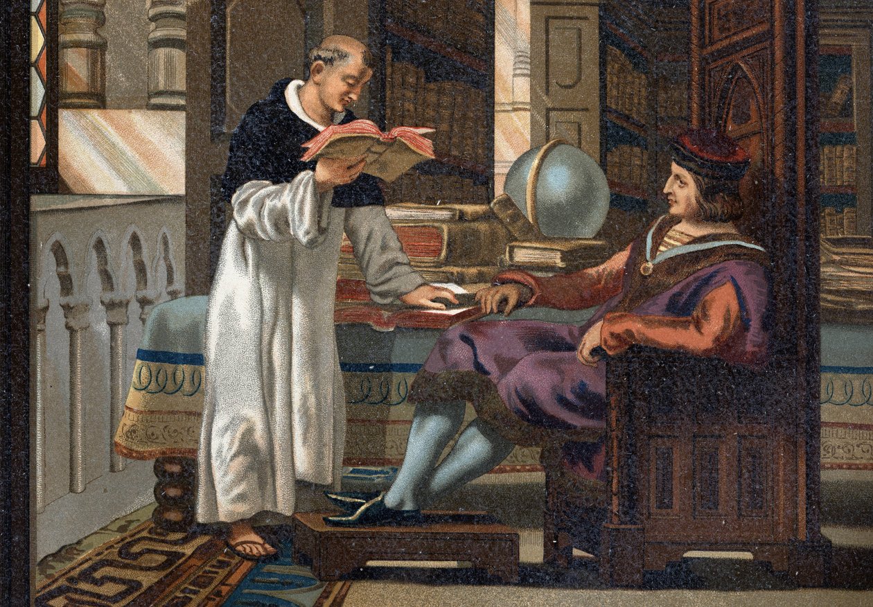 Heiliger Ludwig (1214-1270), König von Frankreich, und sein Berater Saint Vincent de Beauvais (ca. 1190-1264), nach „La Ciencia y sus Hombres par Louis Figuier“. Barcelona 1881 von Unknown artist