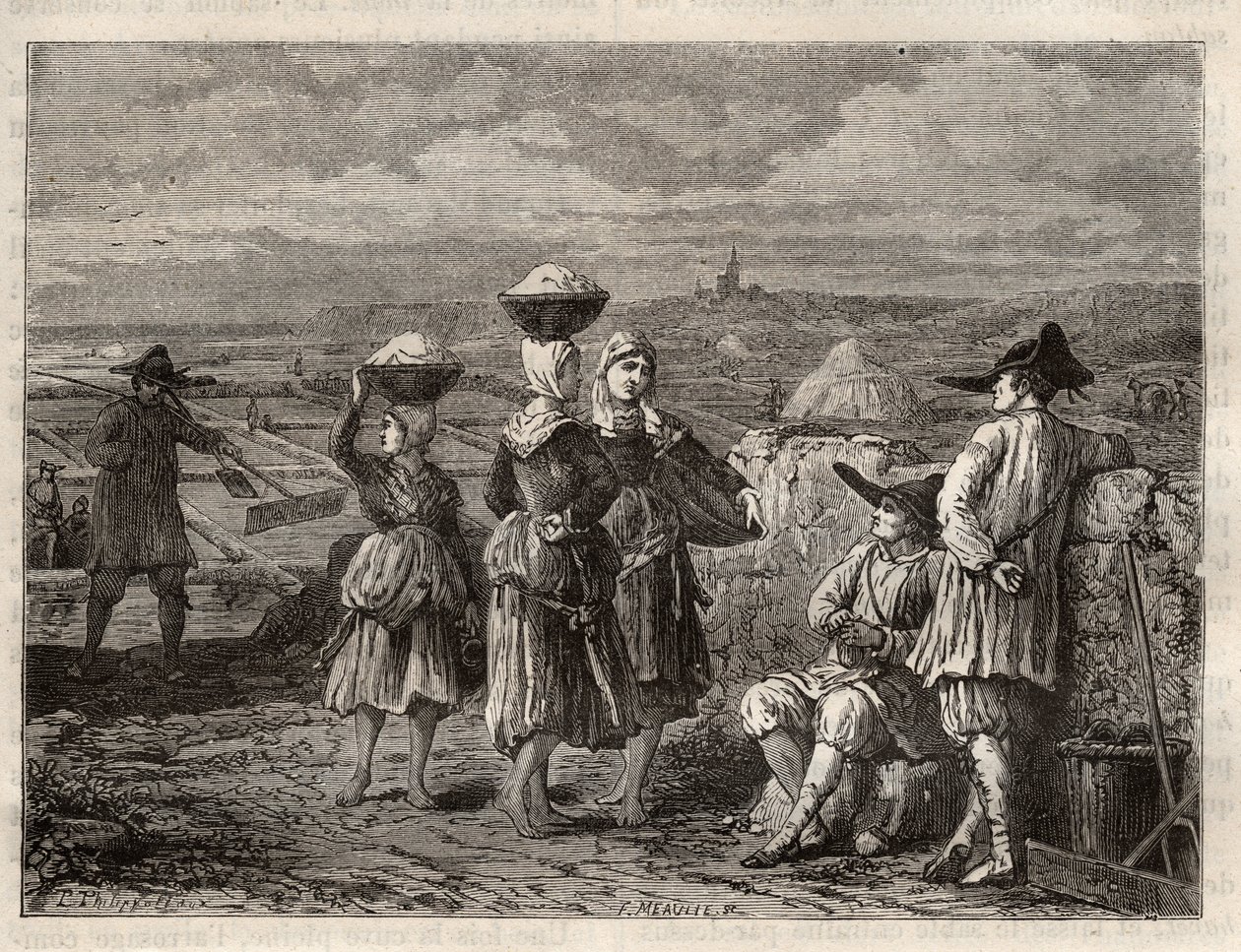 Salzverdunstungsbecken in der Bretagne - Paludiers und Sauniers in der Bretagne (Frankreich), Salzgärten - Gravur in 