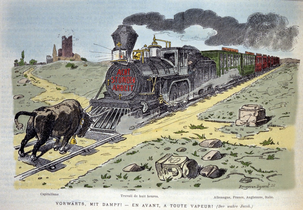 Satirische allegorische Vignette: Der Bulle, Symbol des Kapitalismus, versucht den Zug der Arbeitsreform zu stoppen. Jeder Wagen ist für ein Land bestimmt: Deutschland, Frankreich, England, Italien 1897 von Unknown artist