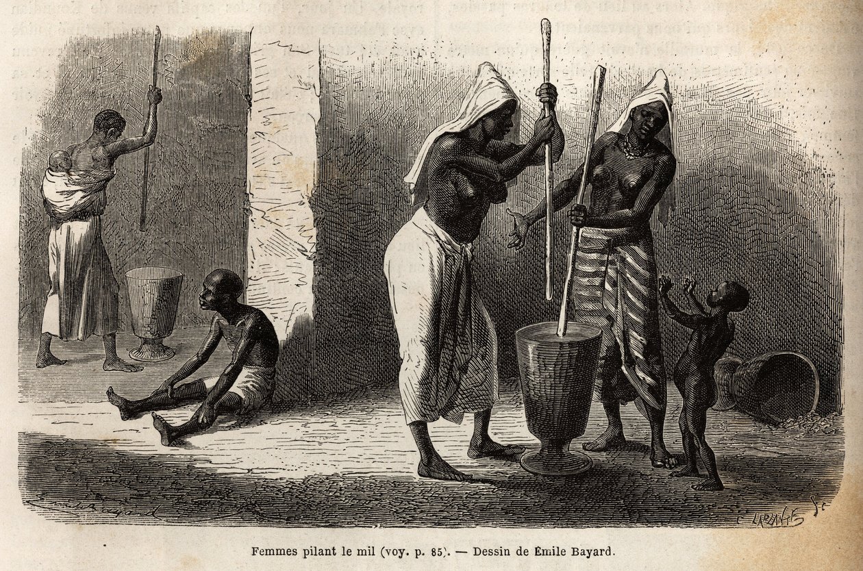 Szene aus dem täglichen Leben: Frauen stampfen Hirse in Sekou (Niger), umgeben von Kindern. Gravur zur Illustration der Reise in den westlichen Sudan von Leutnant (Marine) M.Mage, 1863-1866, veröffentlicht in "Le tour du monde, nouveau journal des voyages" von Unknown artist