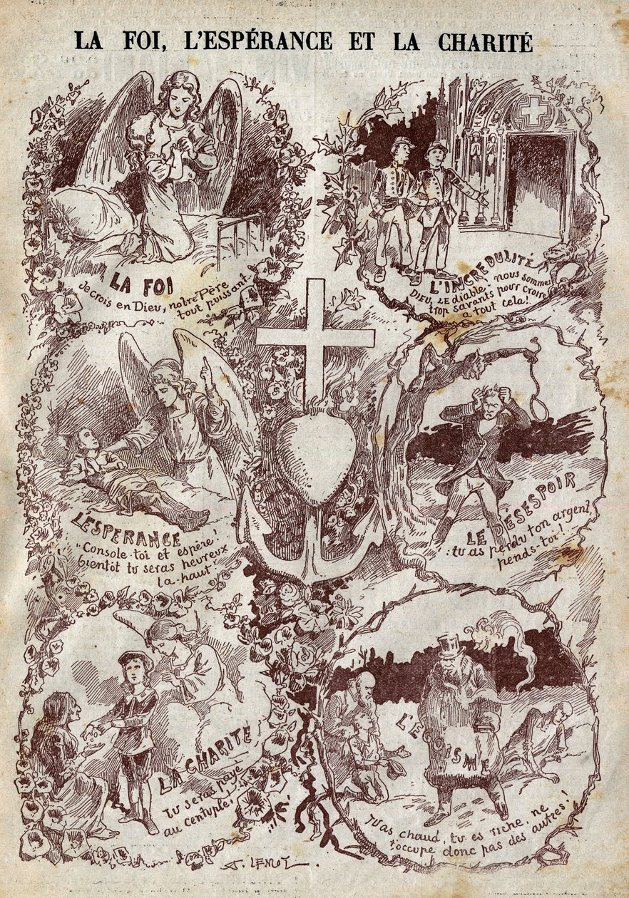 Szenen, die Glaube, Hoffnung, Nächstenliebe und deren Gegenteil, Unglauben, Verzweiflung und Egoismus, illustrieren. Illustration in „Le Pelerin“ vom 27. März von Unknown artist