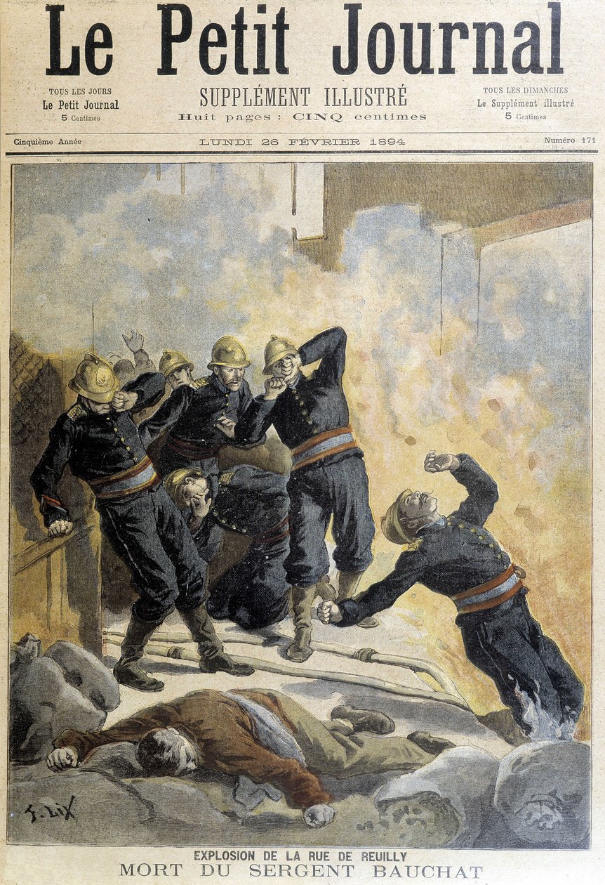 Sergeant Bauchat starb während der Feuerwehr nach der Explosion in der Rue de Reuilly. Illustration aus dem „Le Petit Journal“ von 1894 von Unknown artist