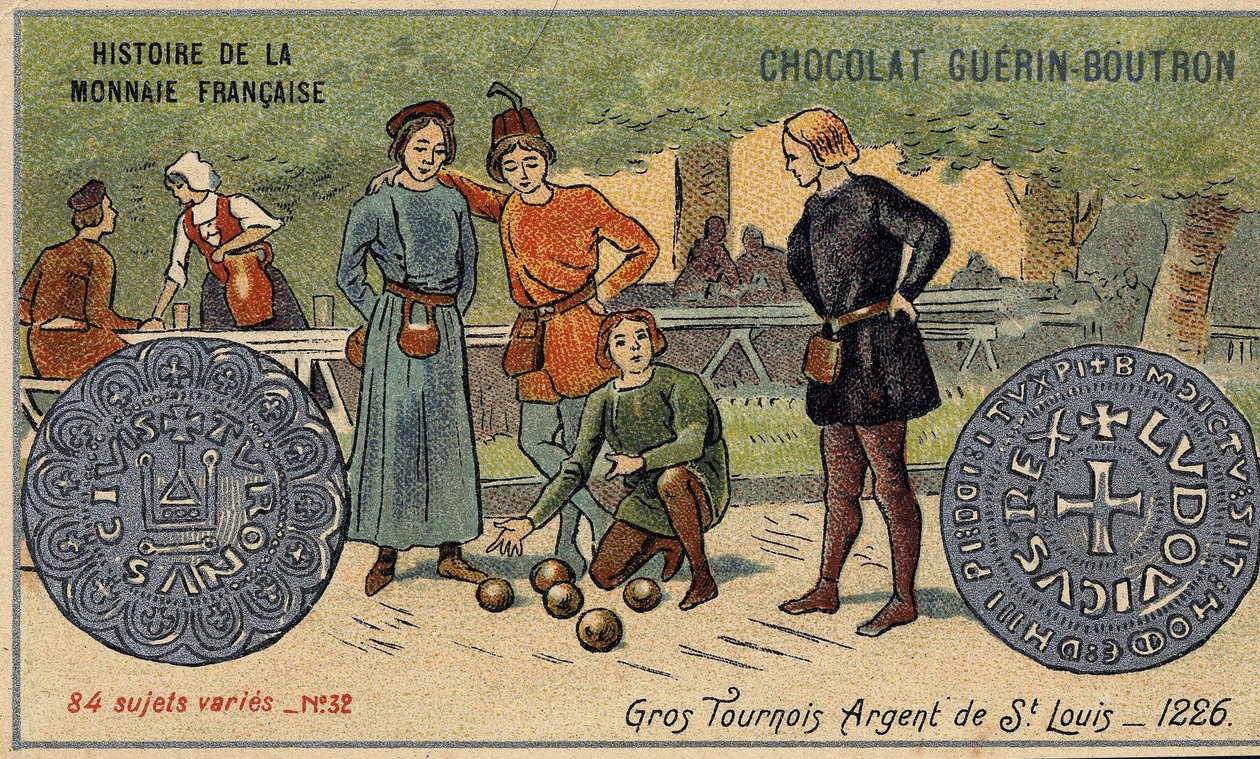 Serie Histoire de la Monnaie Française, veröffentlicht von Chocolat Guérin Boutron. Chromolithographie des 19. Jahrhunderts. Große Turniere. Silber von Saint Louis. 1226 von Unknown artist