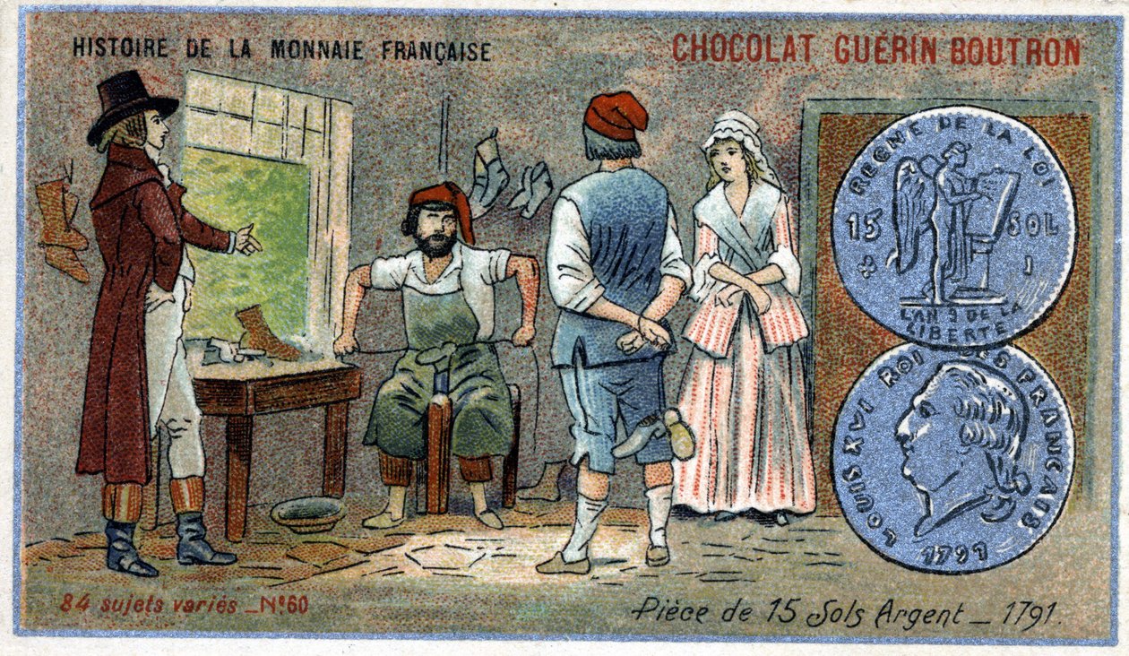 Serie Histoire de la Monnaie Française, veröffentlicht von Chocolat Guérin Boutron. Chromolithographie des 19. Jahrhunderts. Münzen von 15 Silber-Sous im Jahr 1791 von Unknown artist
