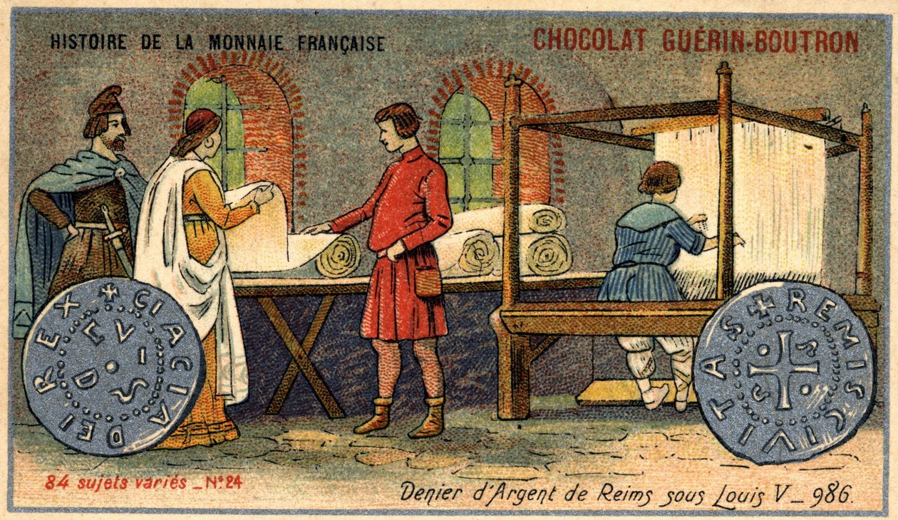 Serie Histoire de la Monnaie Française, veröffentlicht von Chocolat Guérin Boutron. Chromolithographie des 19. Jahrhunderts. Der Silberdenar von Reims unter Ludwig V. im Jahr 986 von Unknown artist