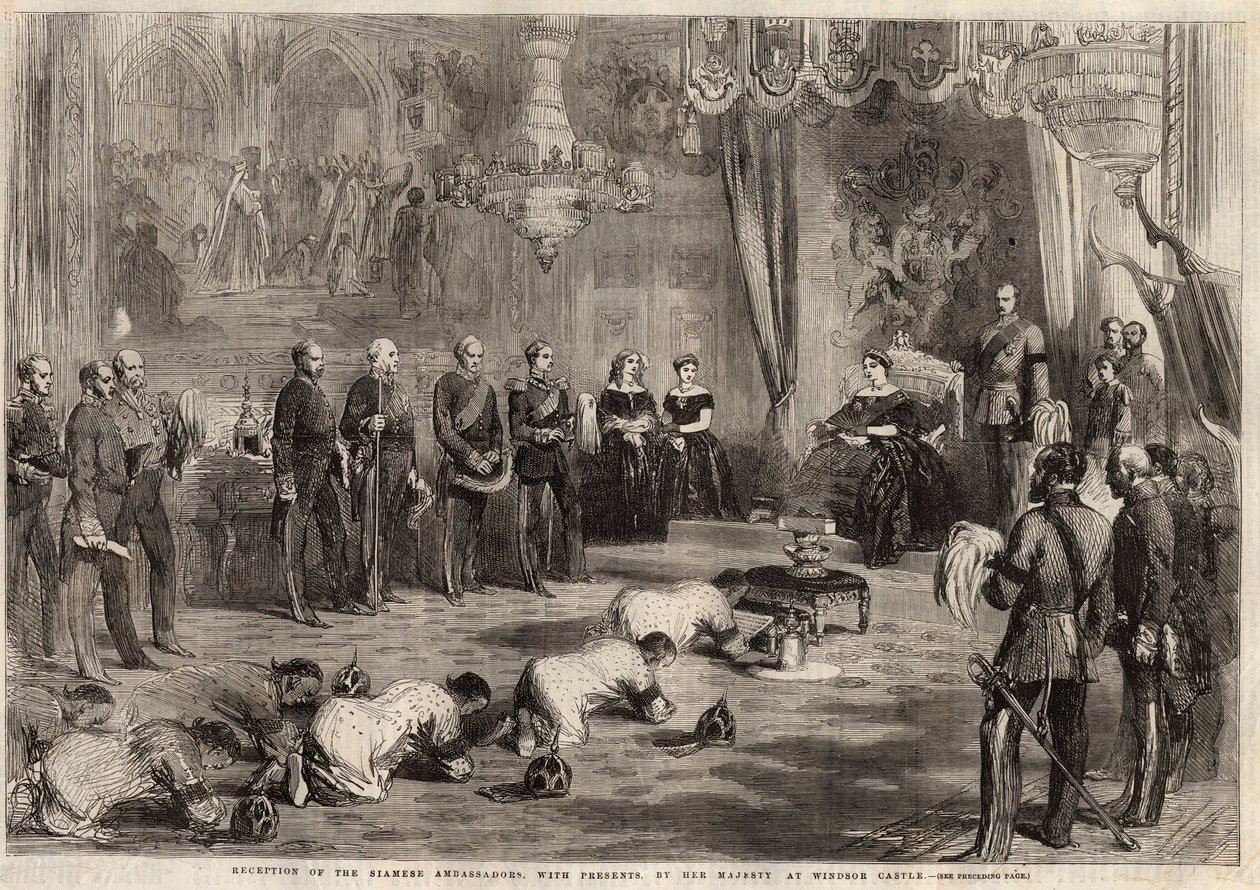 Siam-Botschafter krochen zu Königin Victoria I. (1819-1901) und Prinz Albert (1819-1861) während ihres Besuchs im Windsor Castle. Gravur in „The Illustrated London News“ vom 5. Dezember 1857. von Unknown artist