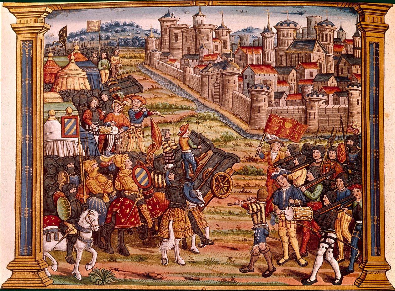 Belagerung einer Stadt mit Bomben: Ludwig XI. gegen die Lütticher. Miniatur aus dem Manuskript „Les epitaphes des feux kings Louis XIth of this name and from Charles his son VIII of this name that god absoe“ von Unknown artist