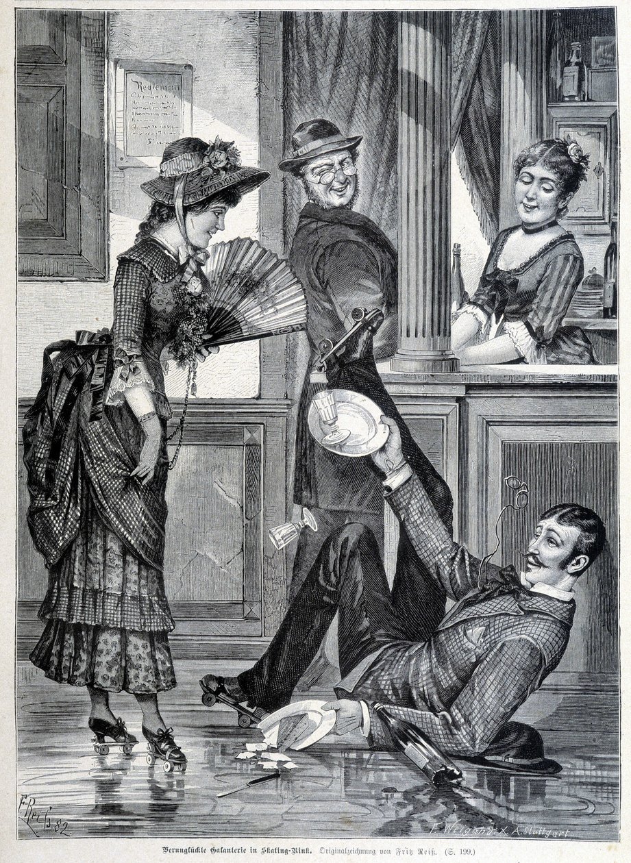 Schlittschuhszene in einer Brauerei. Ein Junge fällt und zerbricht die Teller, die er trug (1883) von Unknown artist