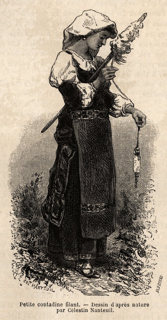 Kleine Contadine (Bäuerin) aus der Umgebung von Rom, die Wolle mit ihrer Spindel spinnt. Gravur zur Illustration der Reise nach Rom, von Francis Wey, 1864-1870, veröffentlicht in „Le Tour du Monde“ 1870-1871, herausgegeben von Edouard Charton, Hachette, Pa von Unknown artist