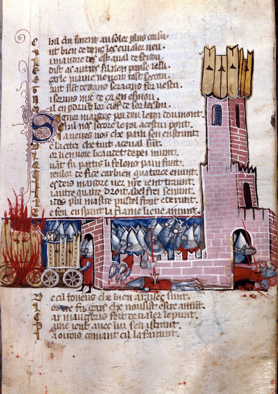 Chanson de geste: Kampfszene in der Nähe einer befestigten Stadt (wahrscheinlich die Eroberung Spaniens durch die Armee Karls des Großen). Miniatur aus dem französisch-italienischen Manuskript „Entrée d