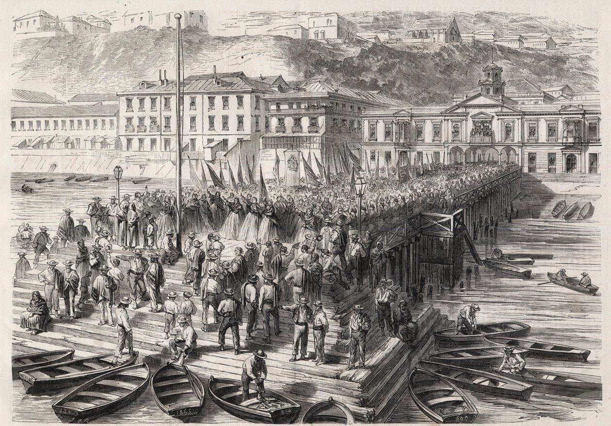 Südamerikanischer Hispano-Krieg zwischen Chile und Spanien, September 1865: Die Damen von Valparaíso singen patriotische Hymnen in Anwesenheit der spanischen Flotte, die den Hafen blockiert - Gravur in „The Illustrous World“ von Unknown artist