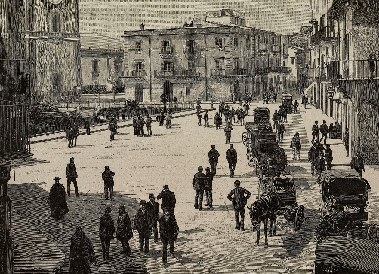 Platz und Rathaus von Monreale, Aufstand der Fasci Siciliani, Italien, Gravur nach einem Foto von E Interguglielmi aus L
