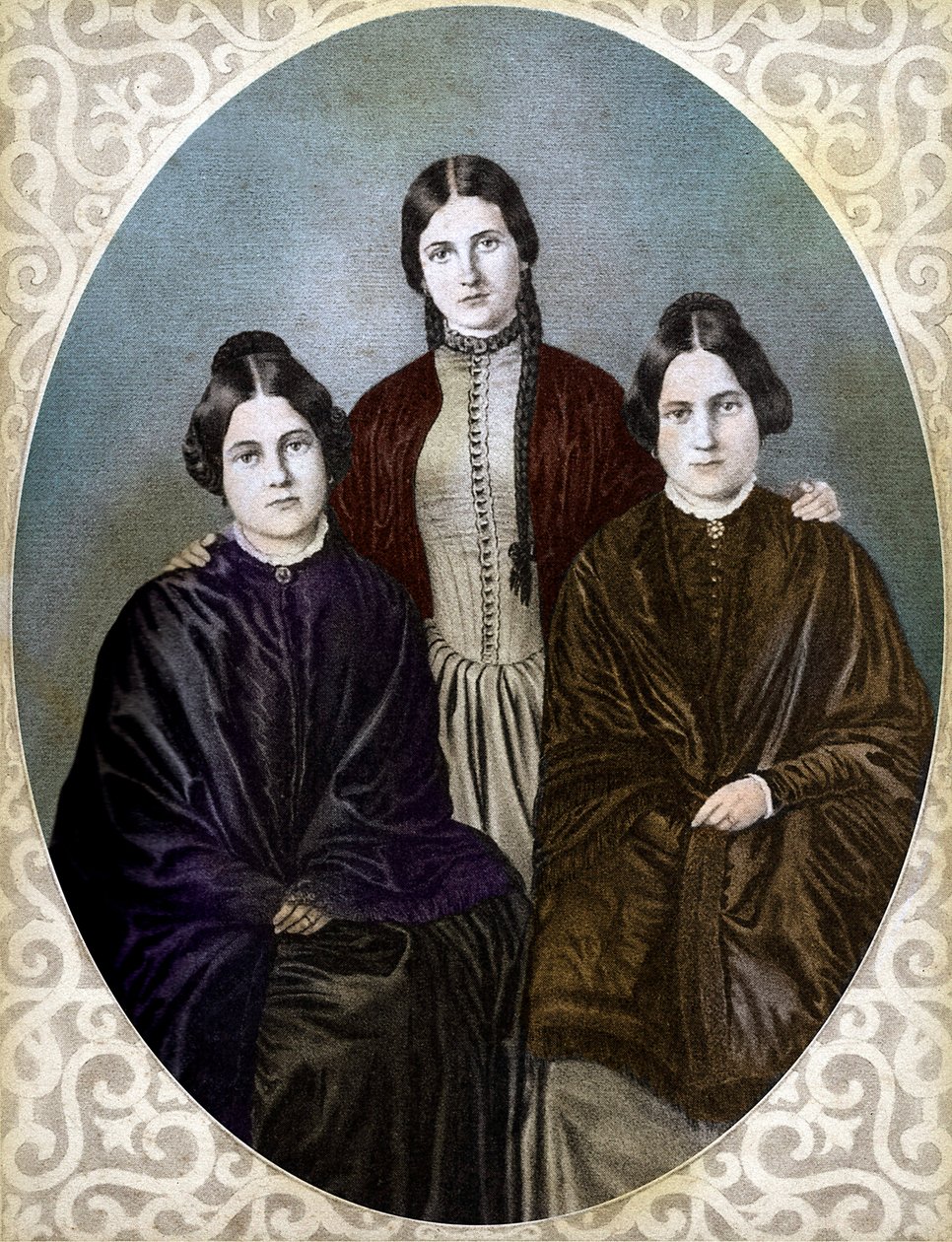 Die FOX-SCHWESTERN Margaretta, Kate und Leah, Pionierinnen des Spiritualismus (Fox-Schwestern: von links nach rechts: Margaret oder Maggie (1837-1893), Kate (1828-1892) und Leah (1814-1880), Pionierinnen des Spiritualismus) von Unknown artist