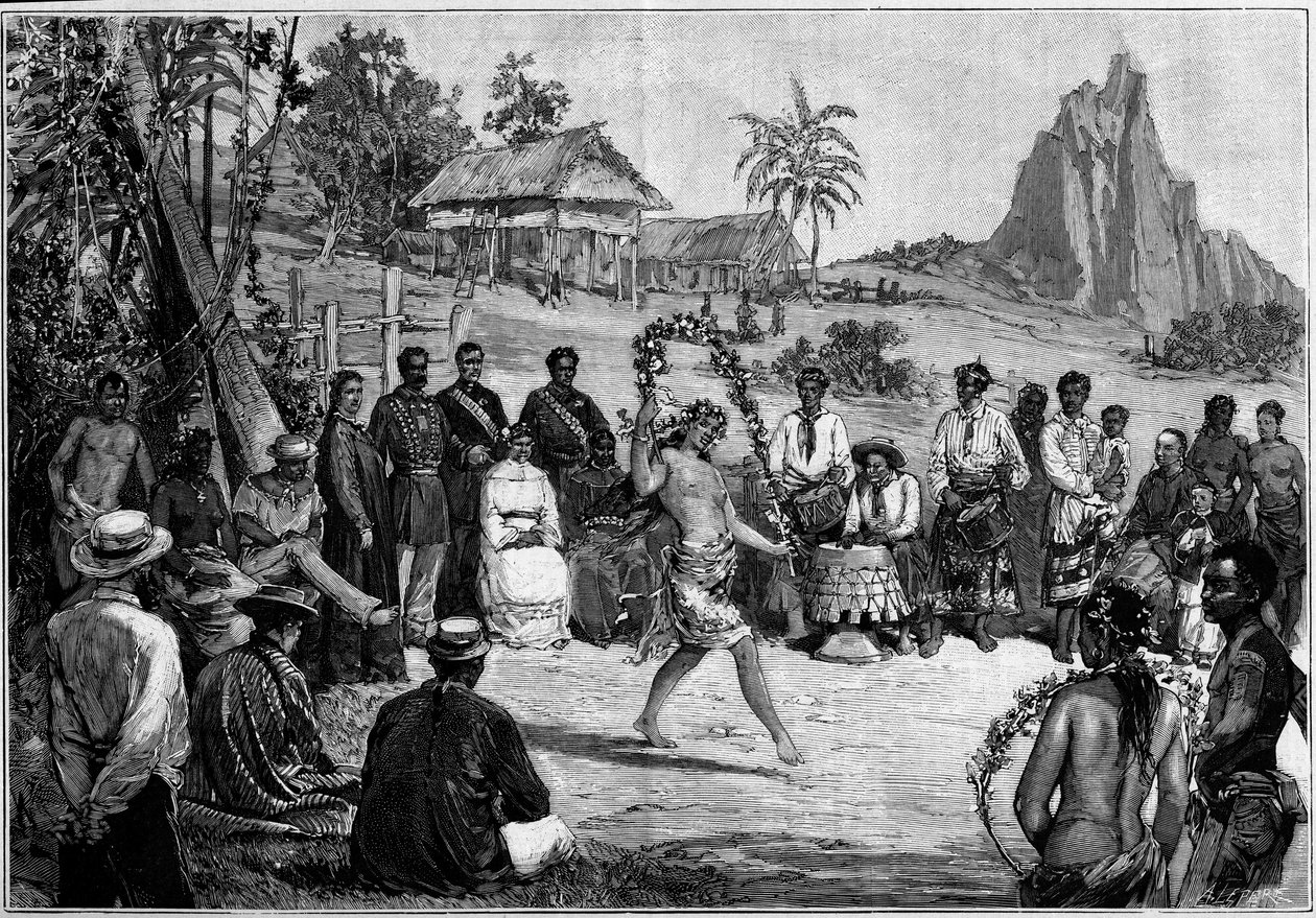 Tahiti: Thailändische Tänze in Papeete, vor dem Hof von König Pomare V von Unknown artist