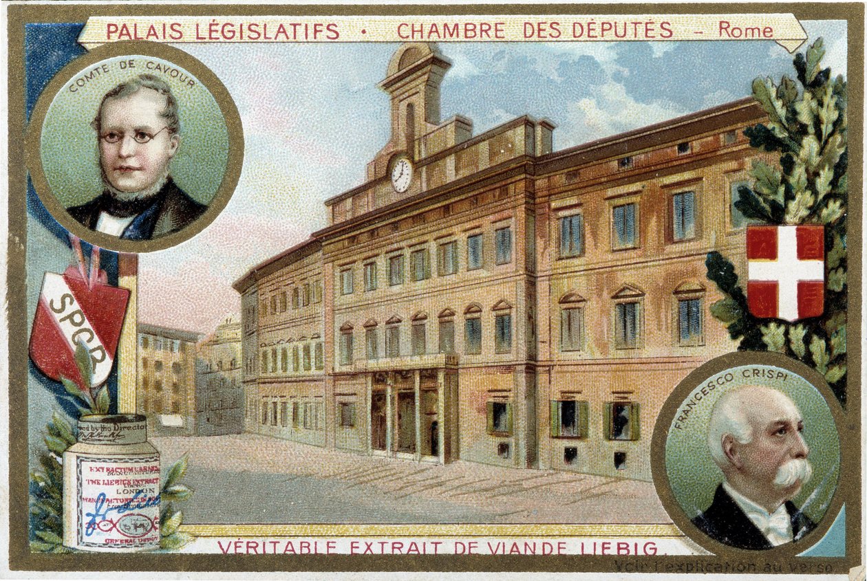 Die Kammer der Deputierten in Rom (Italien), mit Porträts von Graf Camillo Benso de Cavour (1810-1861) und Francesco Crispi (1819-1901) von Unknown artist