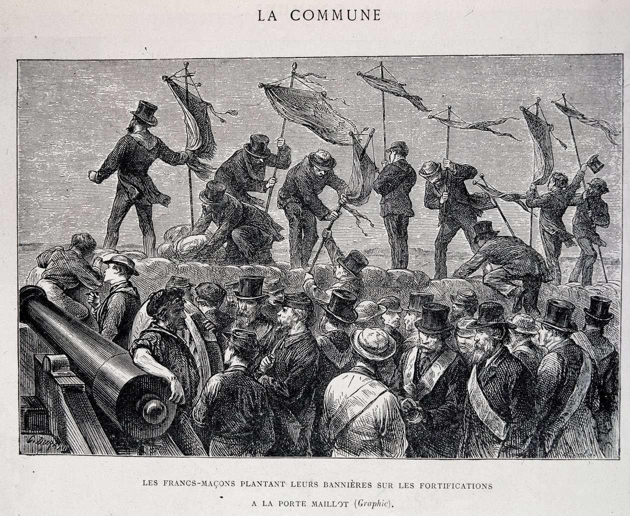 Die Kommune: Freimaurer pflanzen ihre Banner auf den Befestigungen bei Porte Maillot (1871) - Gravur von Unknown artist