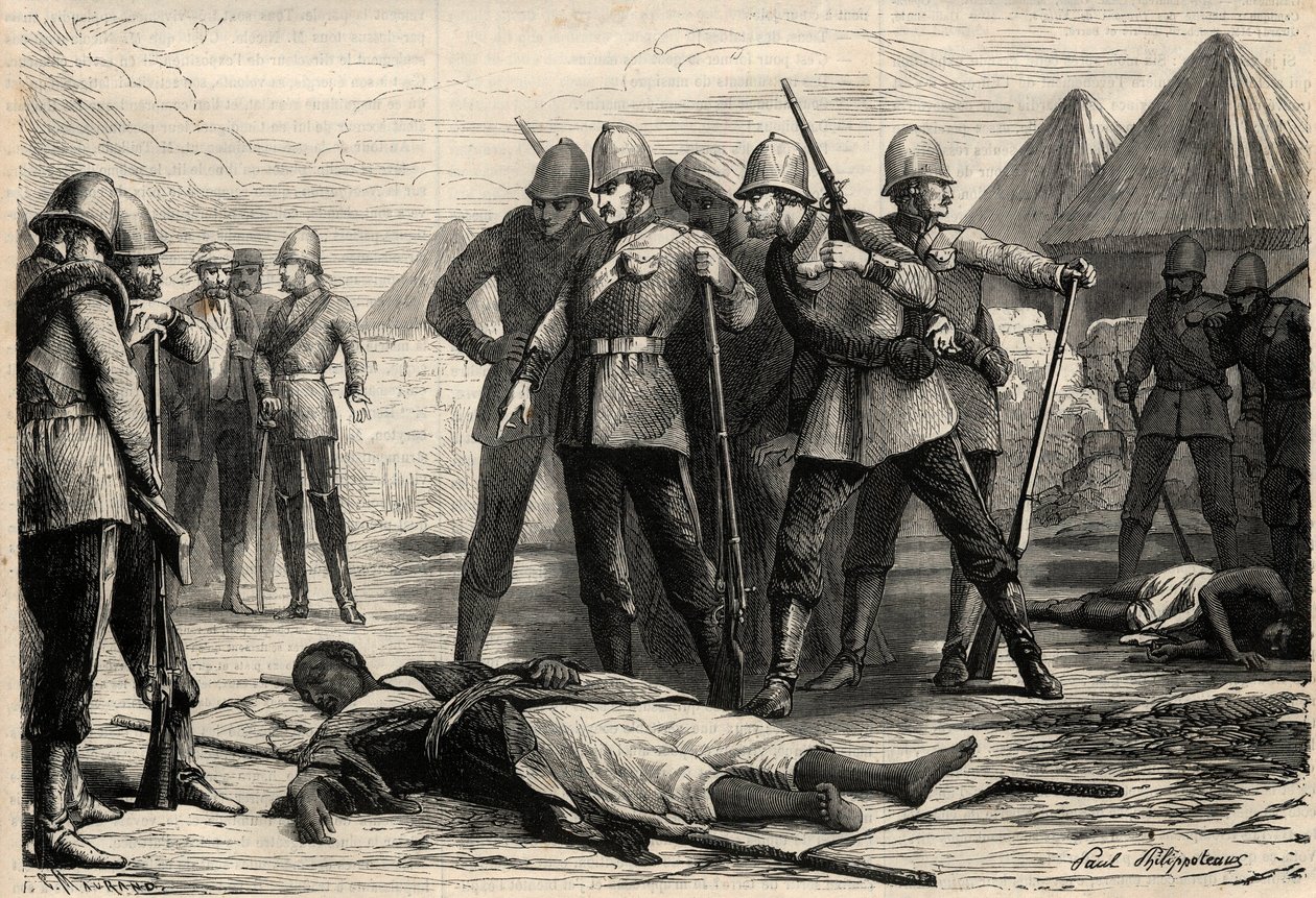 Der Kaiser (Negus) von Äthiopien Theodoros II. starb am 13. April 1868 nach der Eroberung von Magdala durch die Engländer, wohin sich der Negus zurückgezogen hatte. Gravur in „L