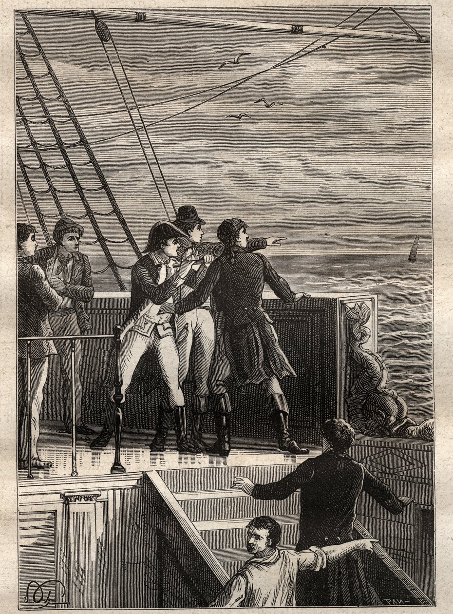 Die Expedition in die südlichen Länder (1800-1803) von Nicolas Baudin (1754-1803): Matrosen vor New Holland (Australien) berichten von einem Schleier am Horizont - Illustration aus „Die großen Seefahrer des 18. Jahrhunderts“ von Unknown artist