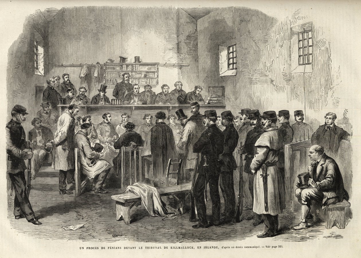 Die Fenian-Rebellion, Untersuchung von Mr. Cleary im Gerichtsgebäude von Kilmallock - 1867 - Ein Prozess gegen Fenians vor dem Gericht von Kilmallock in Irland - 1867 - Gravur aus „Das illustre Universum“ von 1867 von Unknown artist