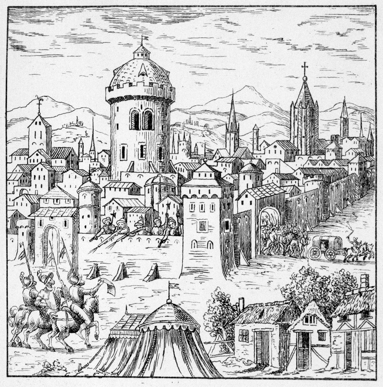 Die Hugenotten in Amboise, wo König Franz II. war (Verschwörung von Amboise) - in „Collection of 39 figures representing the calamities of France from 1562 to 1586“; Louis Perrin Druckerei von Unknown artist