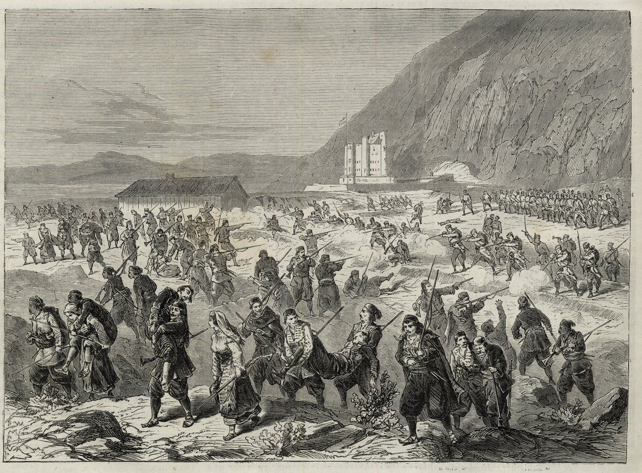 Der Aufstand in Dalmatien (die Bocche di Cattaro) - Aufstand gegen die von der österreichischen Regierung auferlegte Wehrpflicht - EREIGNISSE IN DALMATIEN. AUFSTÄNDISCHE GREIFEN DAS STAATLICHE TRINITÄTSFORT AN, IN DER NÄHE VON CATARO (Bucht von Kotor) - Bu von Unknown artist