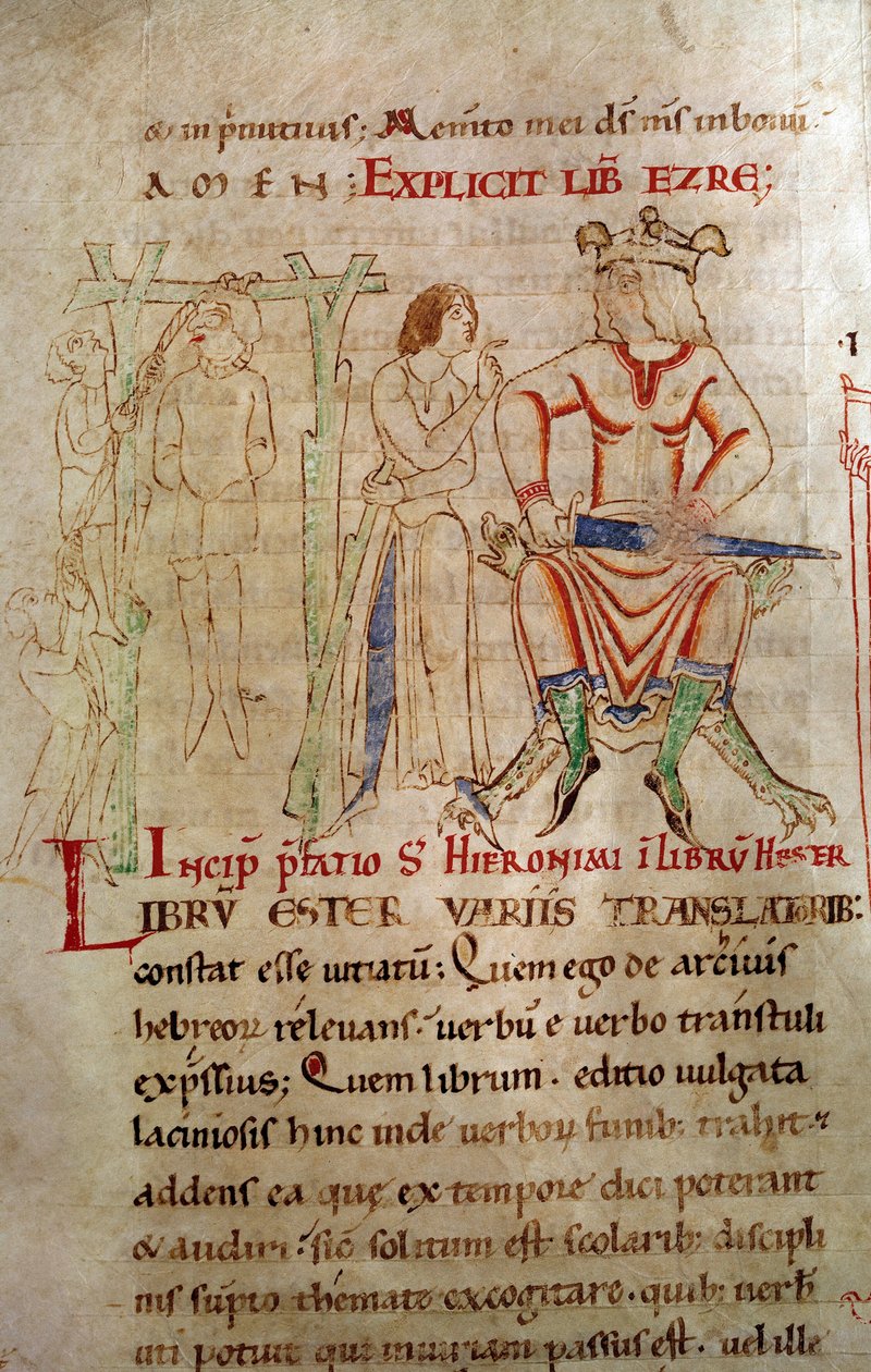 Die Gerechtigkeit des Königs Zwischen 1098 und 1109 Ein gekrönter König sitzt auf einem Thron und hält ein Schwert, neben einer Hängeszene. Seite aus einem Manuskript „Kommentare des Heiligen Hieronymus“ von Unknown artist