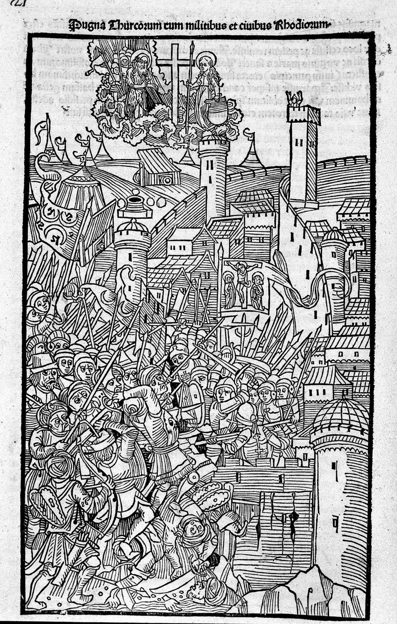 Die Ritter von Rhodos (der Orden der Hospitaliter des Heiligen Johannes von Jerusalem) greifen Rhode Island an in „Rhodiorum Historia“ von Guilelmus Caorsin, Ulmae, Joh. Reger 24. Oktober von Unknown artist