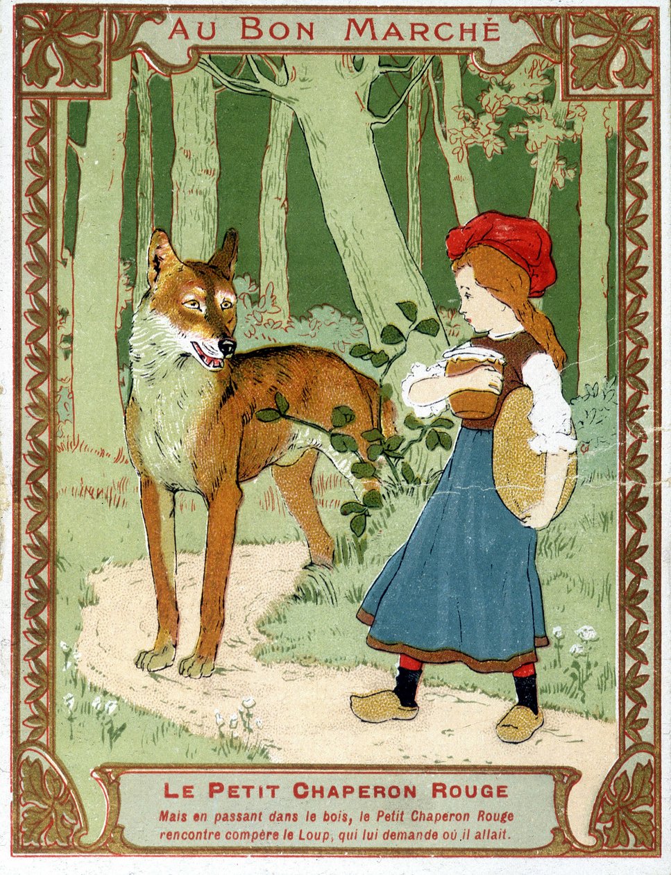 Rotkäppchen trifft den Wolf - Bon Marché Werbeetikett von Unknown artist