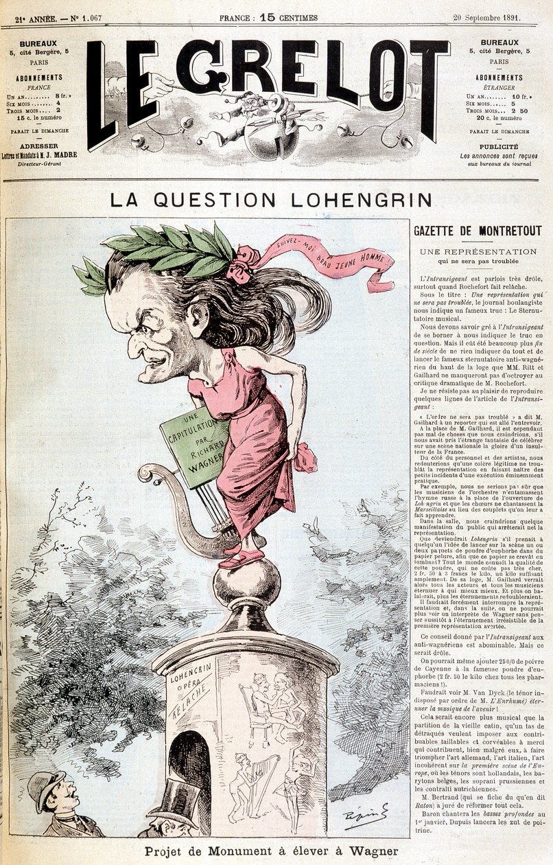 Die Lohengrin-Frage: Denkmalprojekt zu Ehren von Wagner - in „Le Grelot“ vom 20.09.1891 von Unknown artist
