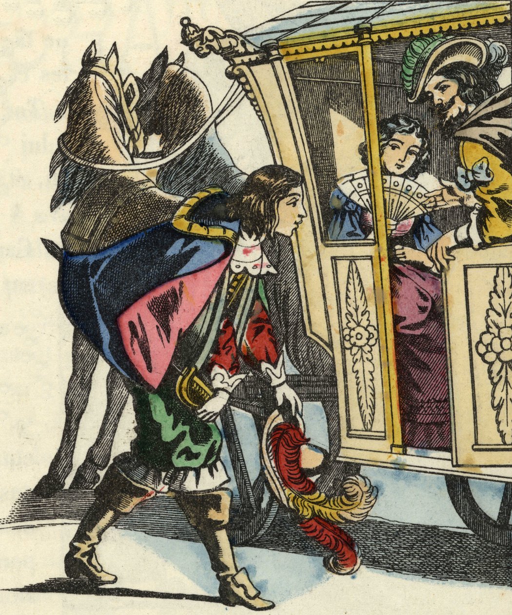 Der Marquis von Carabas begrüßt den König und die Prinzessin in ihrer Kutsche. Illustration des Märchens „Der gestiefelte Kater“ von Charles Perrault von Unknown artist