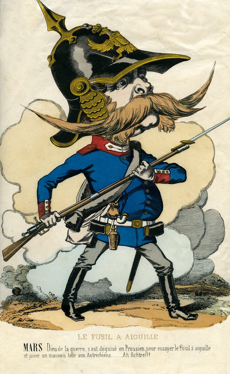 Das Zündnadelgewehr - Porträt von Otto von Bismarck (1815-1898), Kanzler von Preußen - Mars, der Kriegsgott, verkleidet sich als Preuße, um das Zündnadelgewehr auszuprobieren und den Österreichern einen Streich zu spielen... Karikatur von Unknown artist