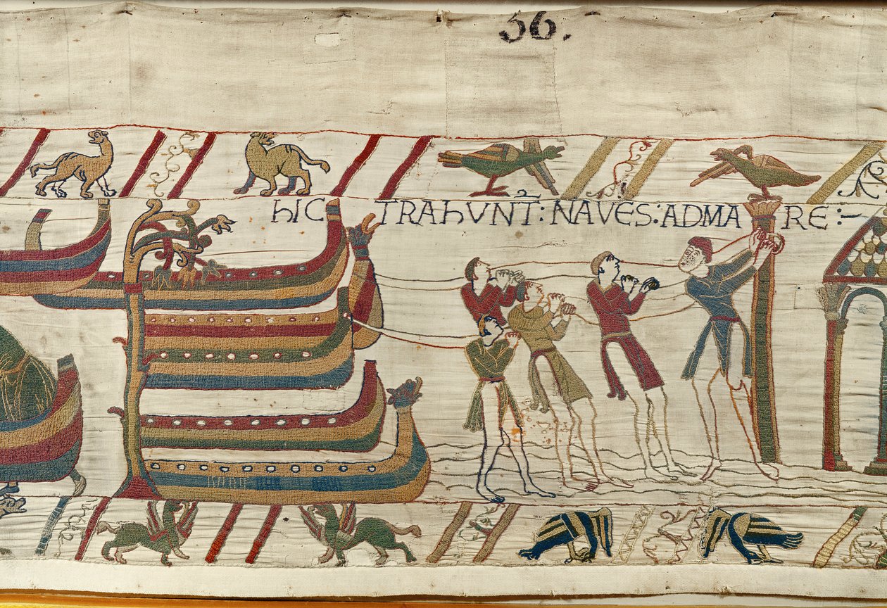 Die Normannen ziehen ihre Schiffe ins Meer, Teppich von Bayeux von Unknown artist