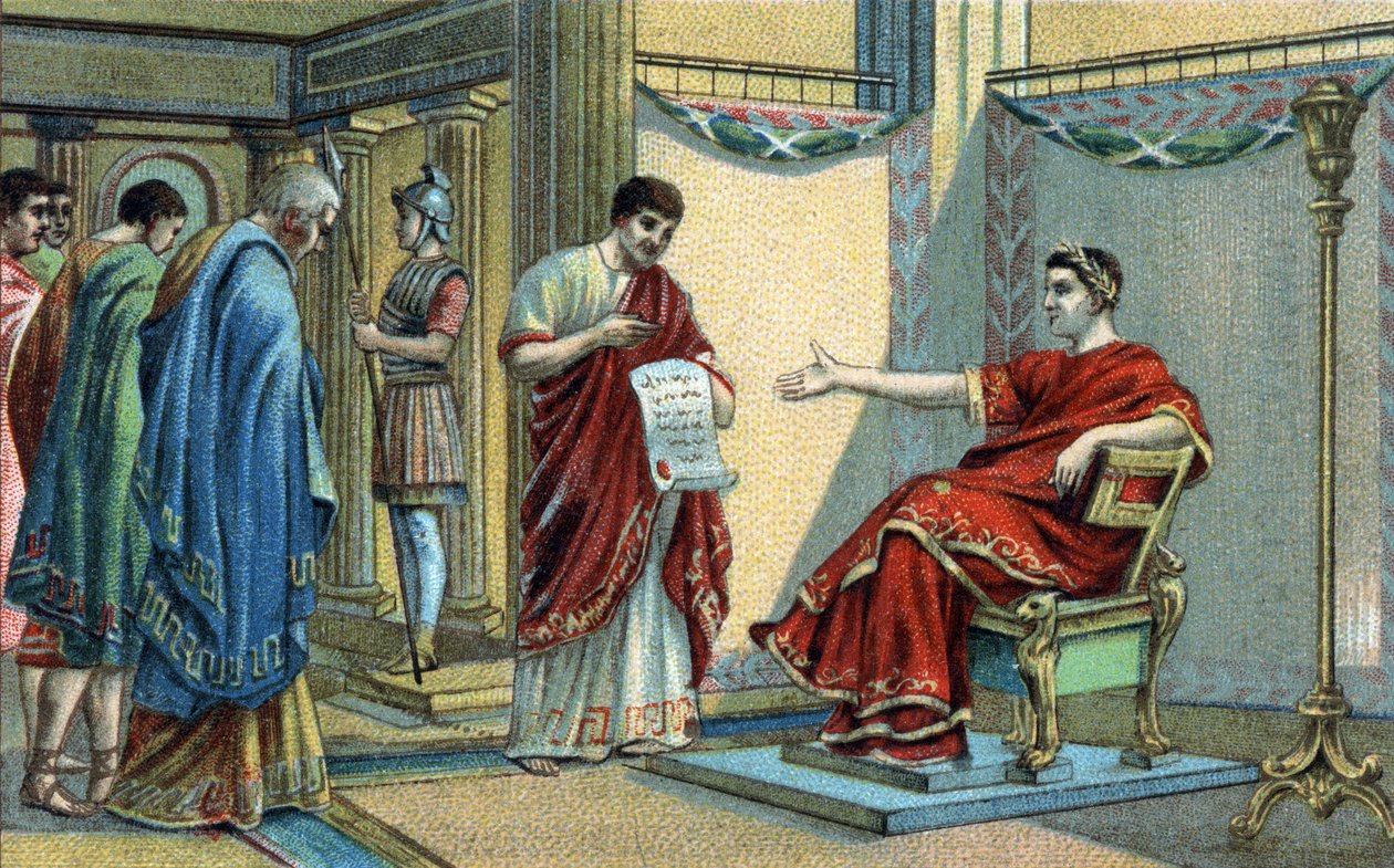 Der römische Kaiser Konstantin (272-337) erließ die ersten religiösen Gesetze zur Gleichstellung der Glaubensrichtungen. Chromolithographie aus dem späten 19. Jahrhundert von Unknown artist