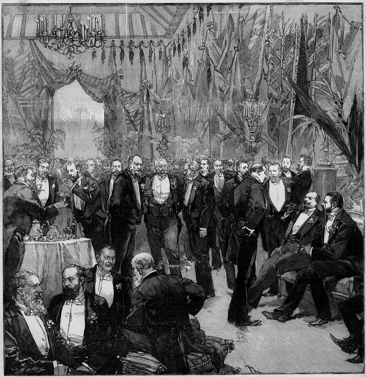 Das Suez-Bankett vereinte die wichtigsten Finanziers der Welt (Treffen der Mitglieder der Internationalen Kommission). Gravur in „The Illustrous World“ von Unknown artist
