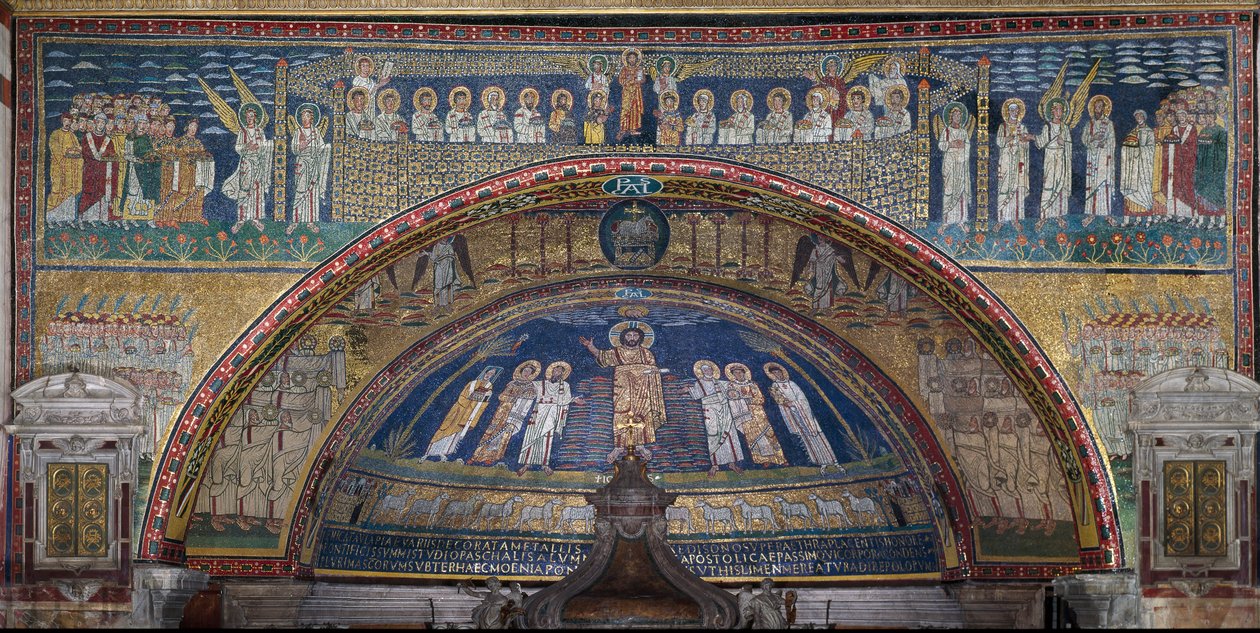 Die Vision des himmlischen Jerusalem: Die Auserwählten werden von den Engeln empfangen. Unten das Lamm Gottes. Detail. Mosaik um 830. Triumphbogen der Basilika Santa Prassede, Rom von Unknown artist