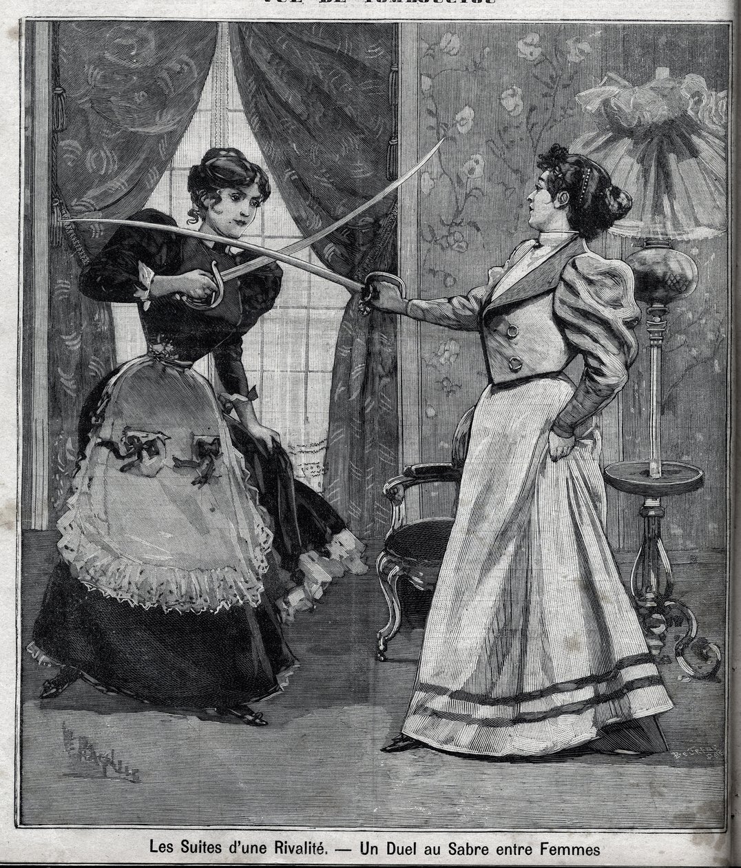 Die Folgen einer Rivalität: ein Schwertduell zwischen Frauen. Gravur in 