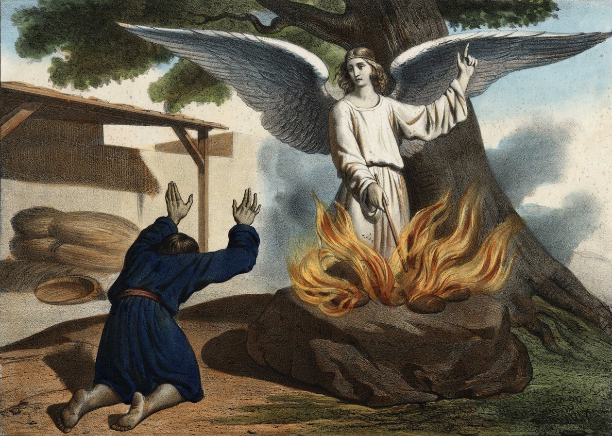 Der Engel erscheint Gideon, um das Volk Israel von der Besetzung durch die Midianiter zu befreien. Anonyme Gravur aus der Mitte des 19. Jahrhunderts. von Unknown artist