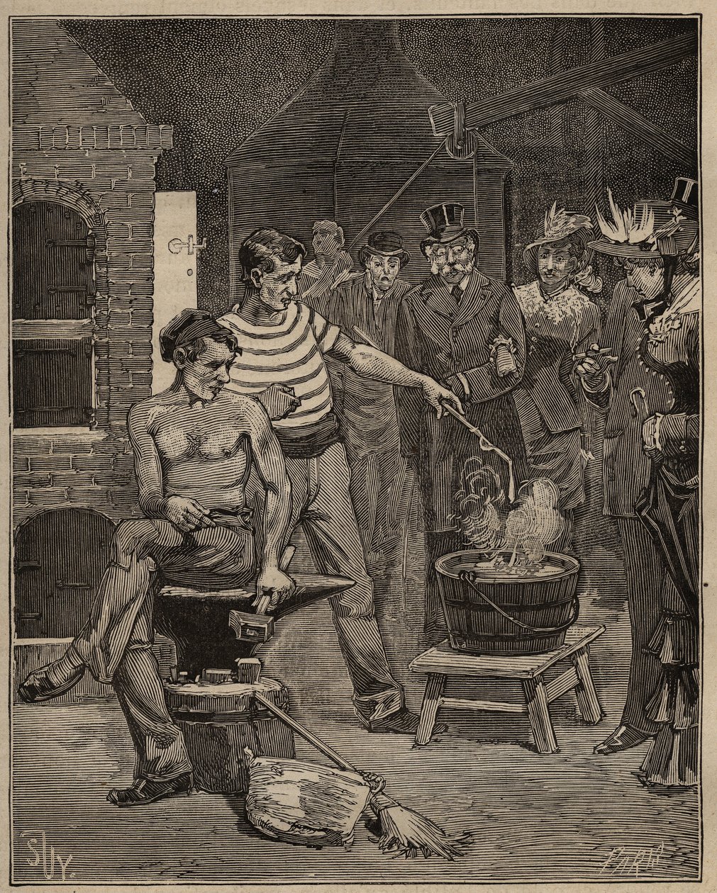 Die Kunst des Glases: Erfahrung mit Batavischen Tränen. Tropfen geschmolzenen Glases werden in ein kaltes Wasserbad getropft, das in Form von Tränen erstarrt. Gravur von 1885 in „Les arts et metiers illustres“ von Adolphe BITARD von Unknown artist