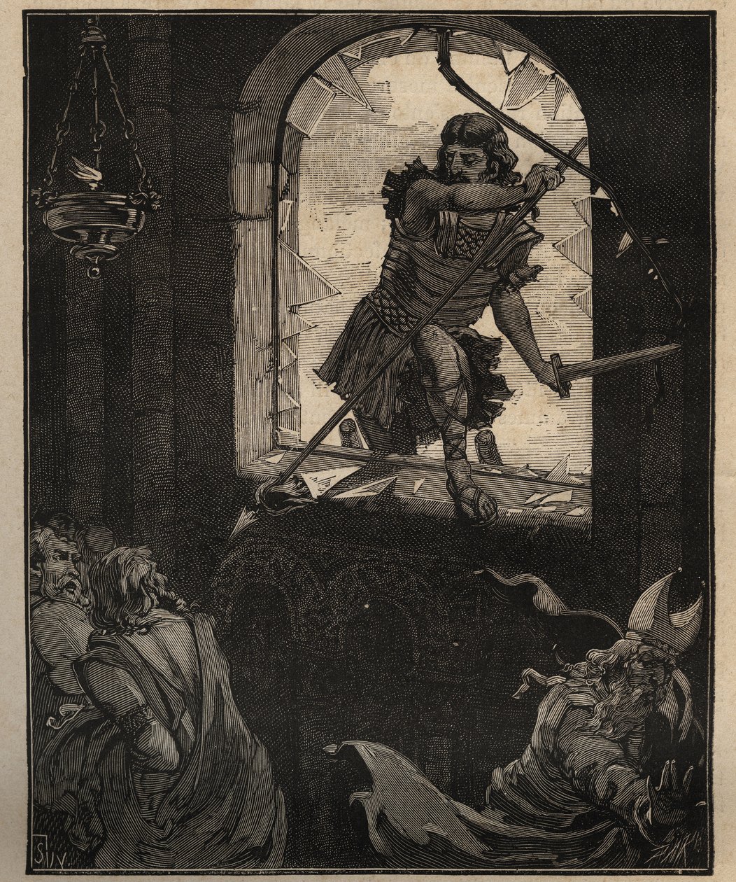 Die Kunst des Glases: bemalte Buntglasfenster. Theoderichs Soldaten zerbrechen ein Buntglasfenster, um in die Kirche von Brioude (Haute Loire) im Jahr 521 einzudringen. Gravur von 1885 in „Les arts et métiers illustrés“ von Adolphe Bitard. von Unknown artist