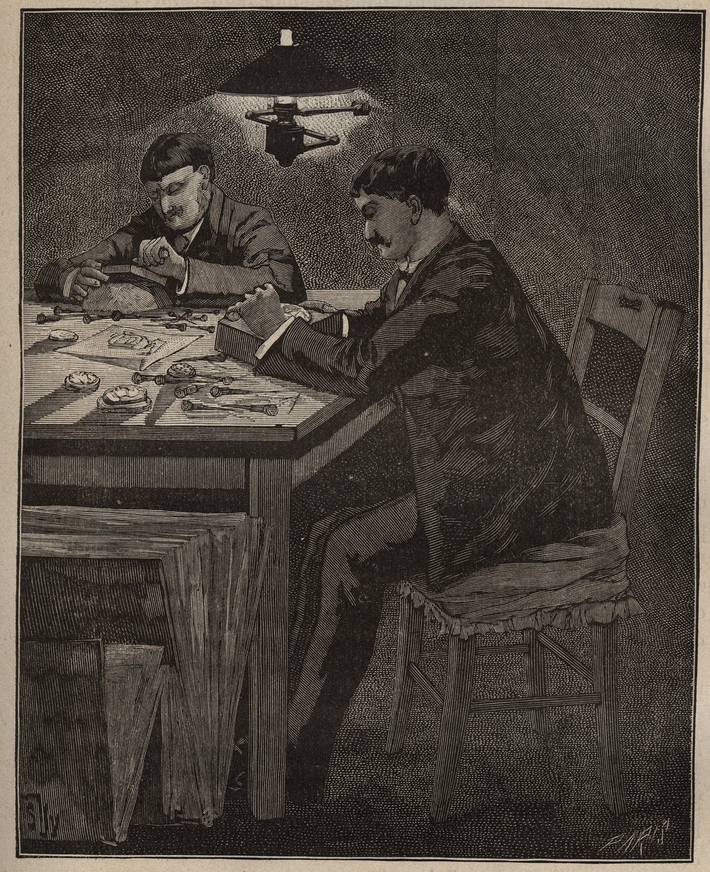 Die Kunst des Steinschneidens: Gravur einer Kamee-Muschel. Gravur von 1885 in „Les arts et métiers illustrés“ von Adolphe Bitard. von Unknown artist
