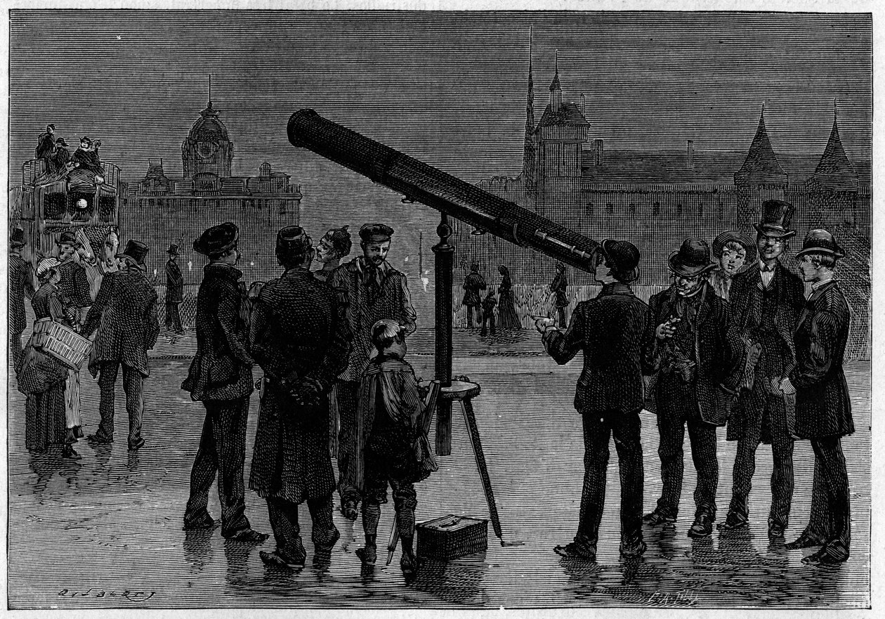 Der Astronom und sein astronomisches Fernrohr auf dem Place du Châtelet in Paris zur Zeit der Beobachtungen des Planeten Venus im Februar 1889. Gravur in „La Nature. Revue des sciences et de ses applications aux arts et à l