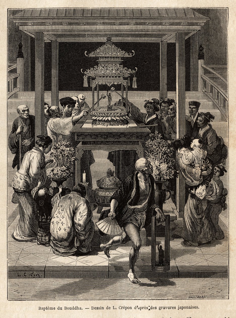 Die Taufe des Buddha, ein jährliches Fest, das am 8. Tag des 4. Monats stattfindet, Gläubige begießen die für den Anlass vor den Tempeln ausgestellte Bronzestatue des Buddha. Gravur zur Illustration der Reise nach Japan, von Aime Humbert, Min von Unknown artist