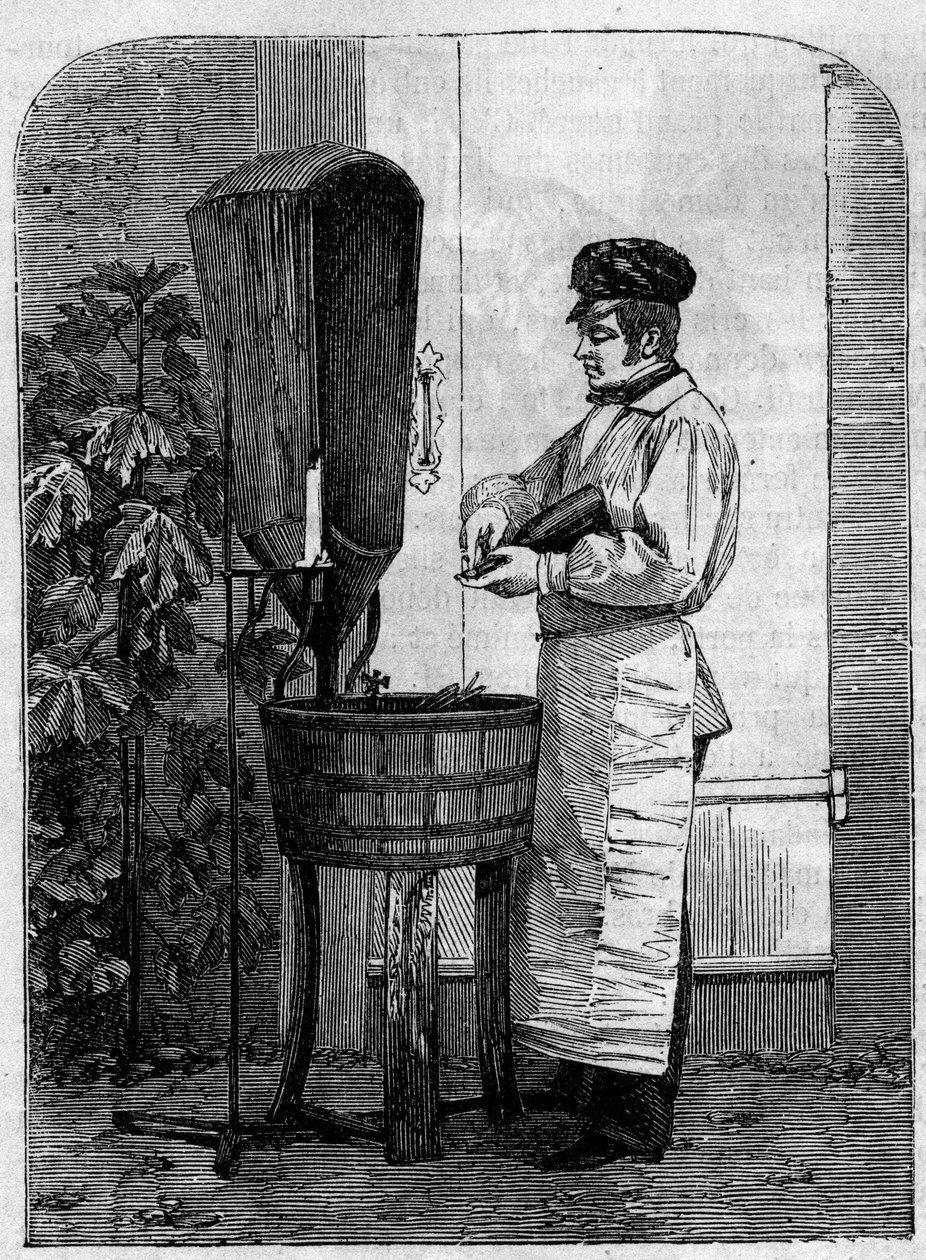 Das Abfüllen von Champagnerwein. Gravur von 1864. von Unknown artist
