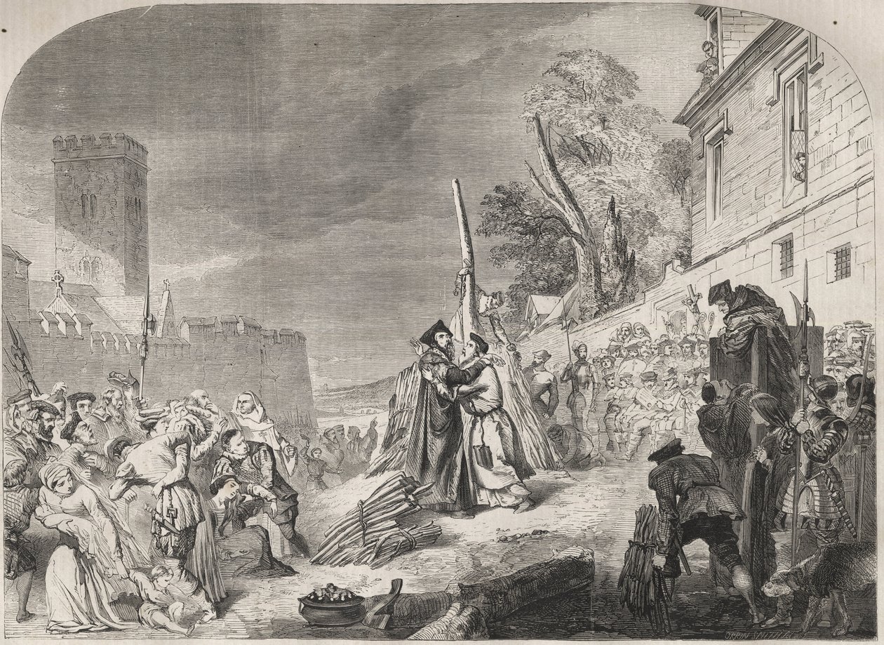 Die Verbrennung der Bischöfe Nicholas Ridley und Hugh Latimer auf dem Scheiterhaufen in der Nähe der Tore des Balliol College, Oxford, England von Unknown artist
