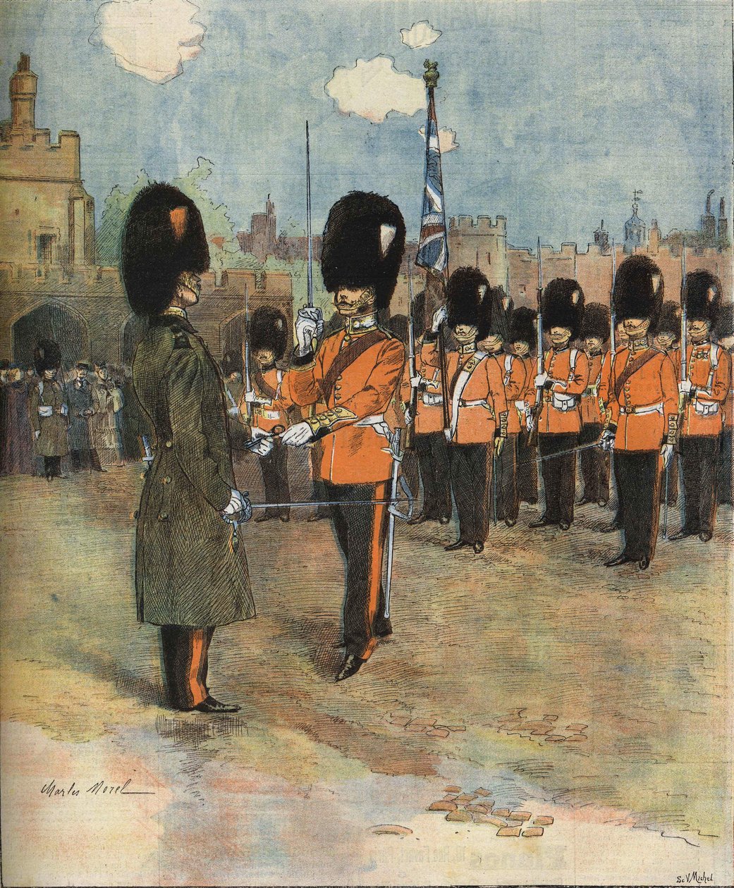 Der Wachwechsel am Buckingham Palace in London im Jahr 1893. Illustration von M.C. Morel. Bianchetti-Sammlung. von Unknown artist
