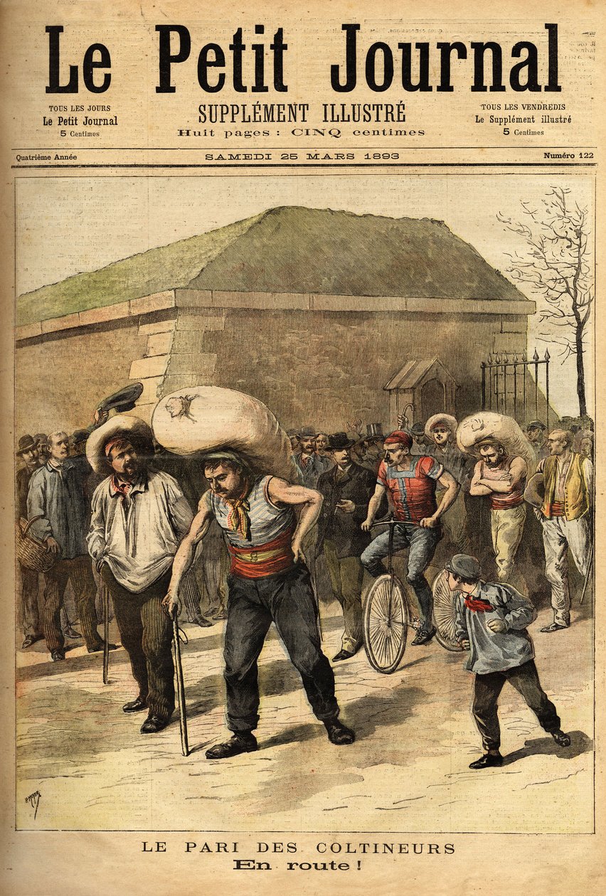 Die Wette der Coltineure, Sacklasten von 100 Kilogramm, die Wette besteht darin, Paris und Corbeil zu Fuß zu verbinden (32 Kilometer), Gewinner Jean Labas absolvierte das Rennen in 14 Stunden (12 Stunden vor dem Zweiten). Gravur in „Le petit journal“ 25/03 von Unknown artist