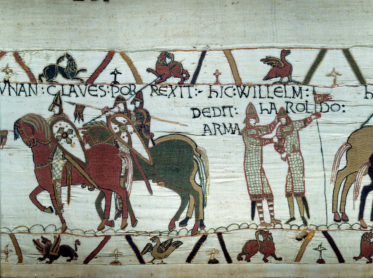 Die Eroberung der Bretagne durch den Herzog der Normandie Wilhelm den Eroberer (1027-1087): links erhält der Herzog die Schlüssel der Stadt Dinan, rechts macht er einen Ritter Harold, gesandt vom englischen König Edward dem Bekenner (Detail) von Unknown artist