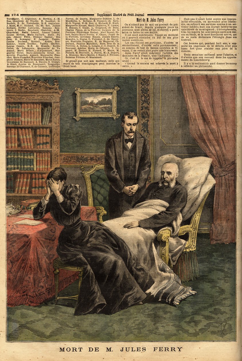 Der Tod von Jules Ferry (1832-1893), ein republikanischer Politiker, Verteidiger der Laienschule und Befürworter der kolonialen Expansion. Gravur in „Le petit journal“ 1/04/1893. Sammlung Selva von Unknown artist